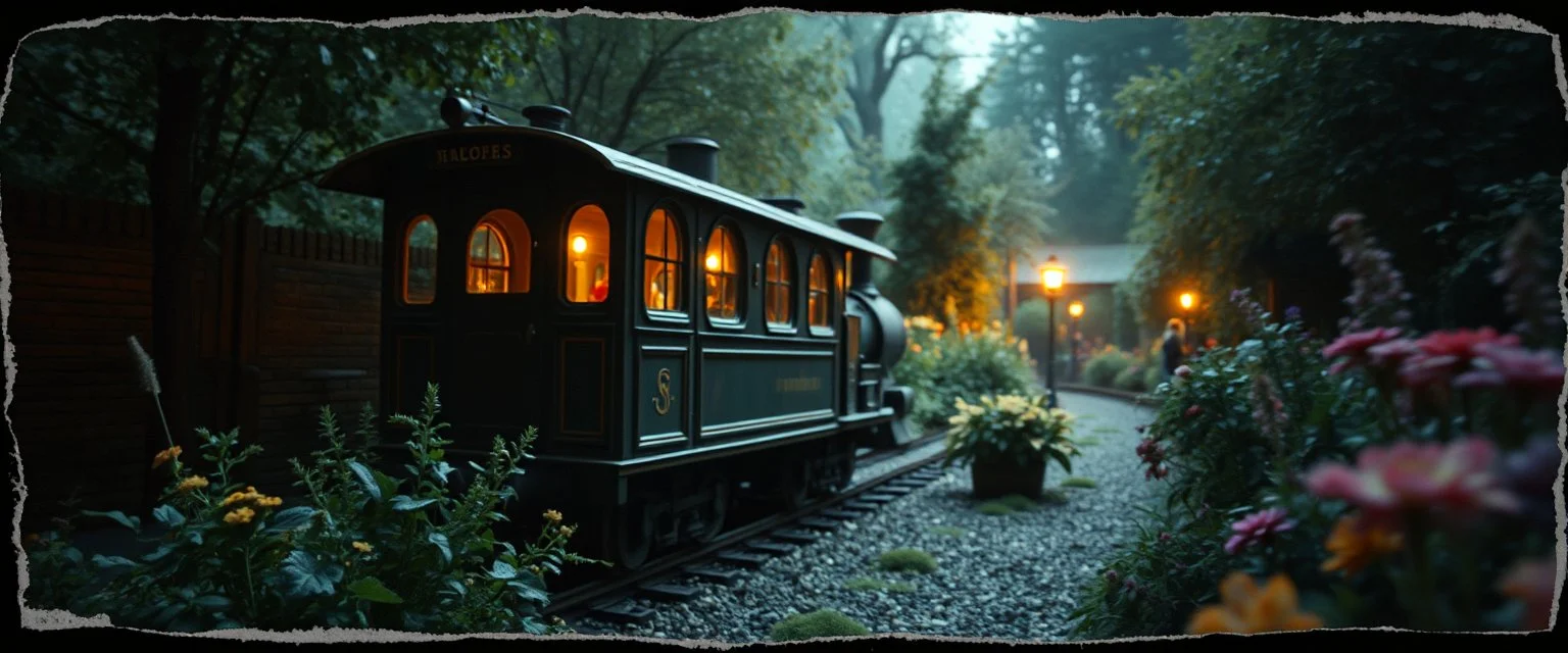 darkest gnome train in bright garden , pinhole cam, airbrush 3d rendering, in the style of John Atkinson Grimshaw , torn edges on border