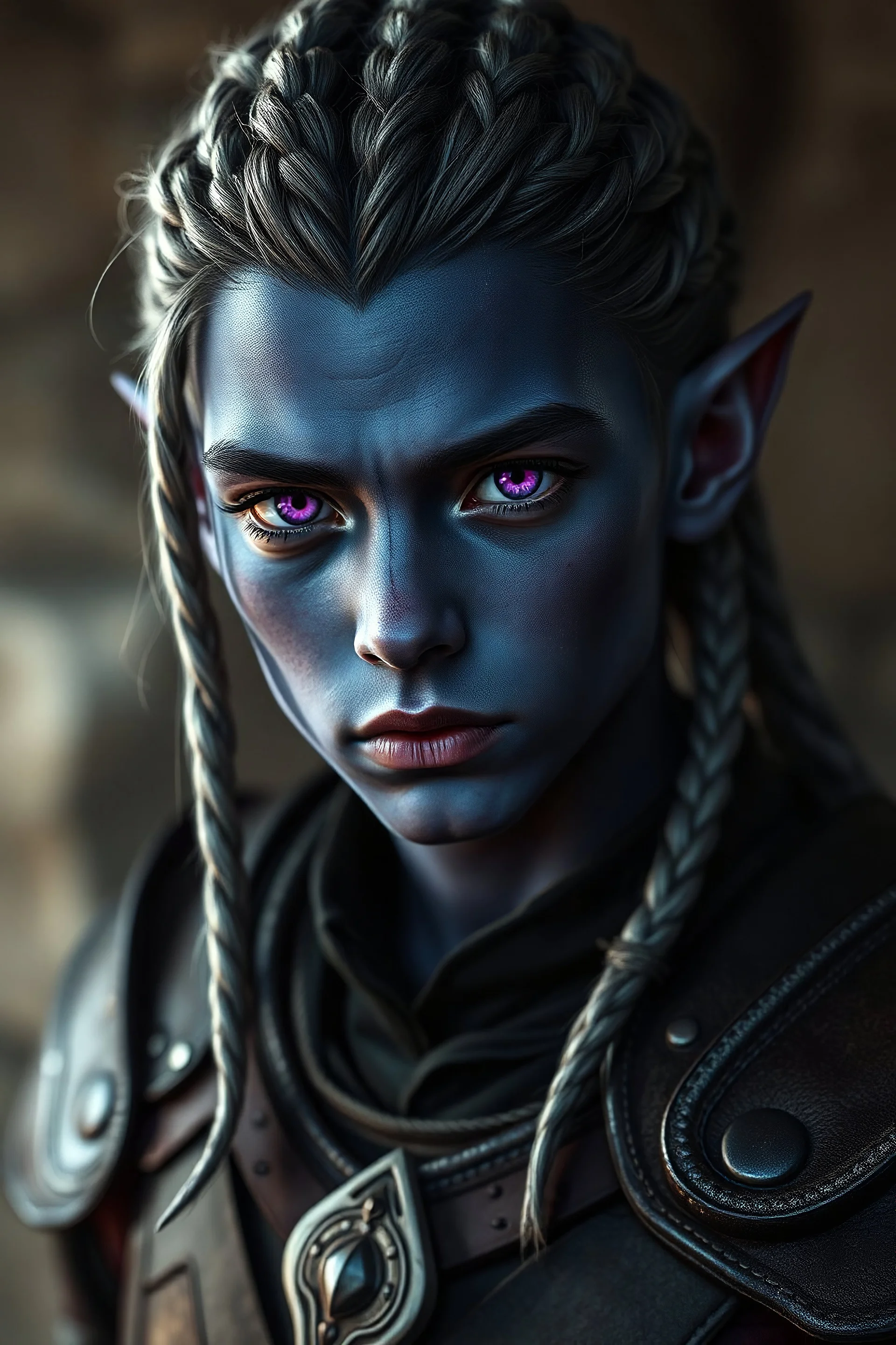 Portrait of a very young drow, Male, with dark blue skin, purple eyes, silver braided hair, realist, dressed with a black shirt and a dark leather armor, realist image