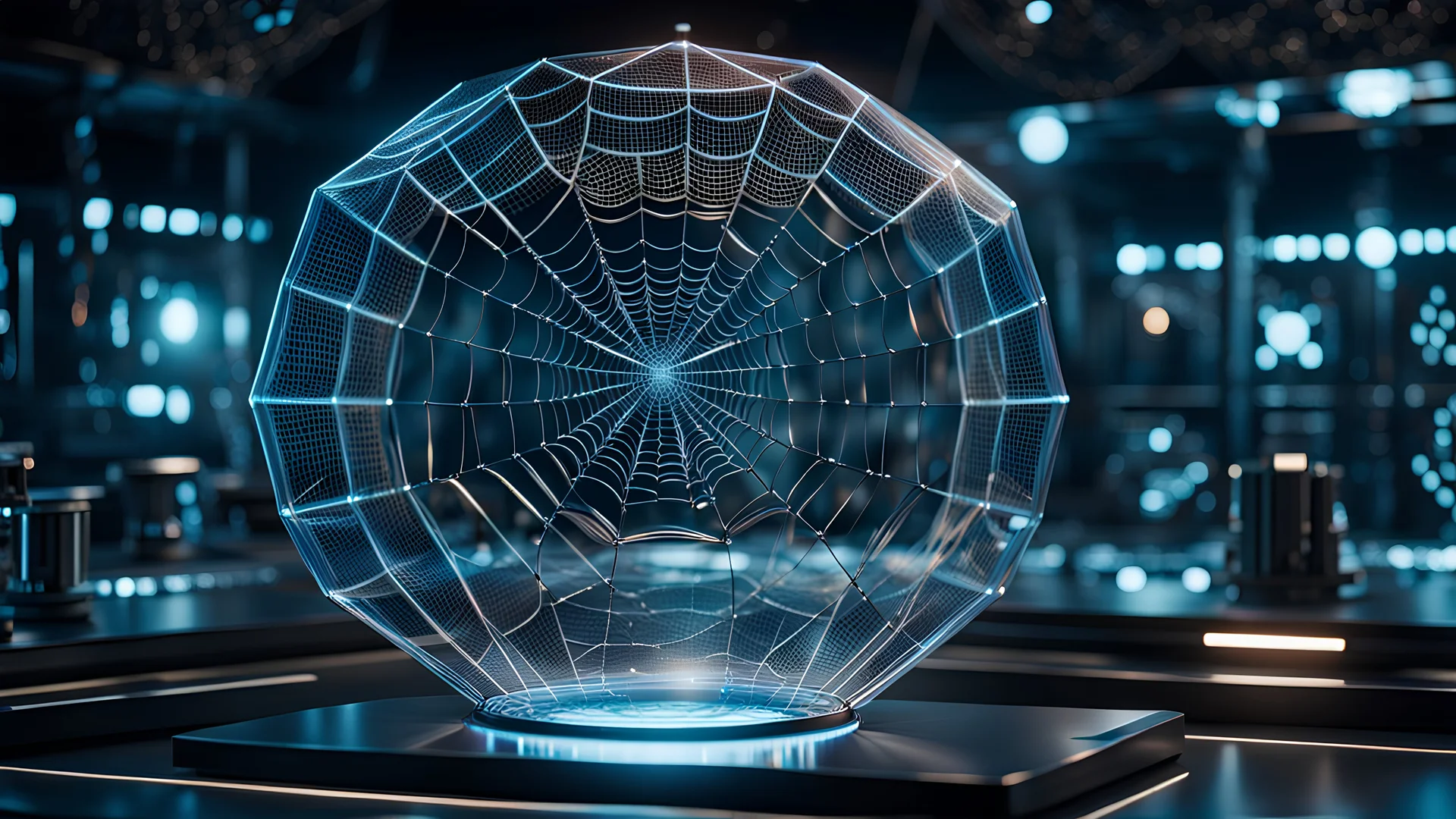 Ultra-realistic prototype 3D hologram, showcasing detailed close-ups capturing the delicate intricacies and patterns of spiderwebs, in a futuristic laboratory at night, dimly lit, sci-fi cinematic background.