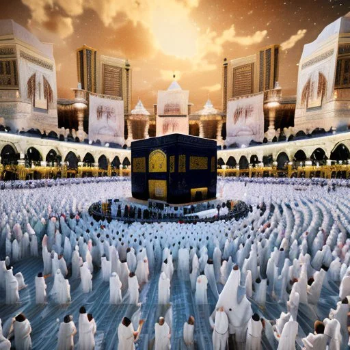 The scene in Mecca: People wearing white Ihram clothes, men without head coverings, women with veils, circumambulating around the Kaaba, and above them are transparent white spirits of children, men, and women with wings revolving around the Kaaba.