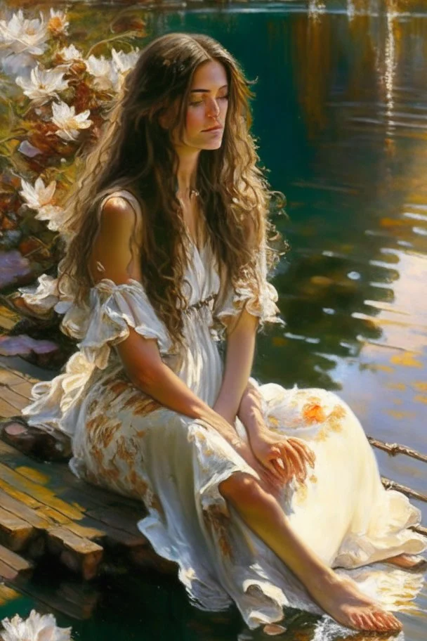 a beautiful woman with long brown hair in a romantic floral dress sits contemplatively on a pier, her feet in the water, white water lilies floating on the water extremely detailed intricate very attractive beautiful crisp quality Michelangelo Daniel Gerhartz in sunshine