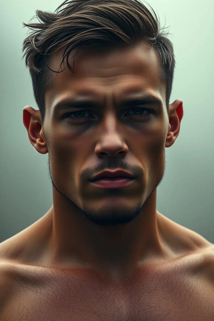 Extremely realistic photo of a young man with nice muscles,fog, general foul weather, (Rembr Lighting), zeiss lens, ultra realistic, (high detailed skin:1.2), 8k uhd, dslr, Dramatic Rim light, high quality, Fujifilm XT3, artwork in pale distressed tones , minimalistic approach, blends old world aesthetics art with elements of distressed painting and illustration, shadow play, high conceptuality, palette inspired by Charlene Mc Nally, Carne Grif