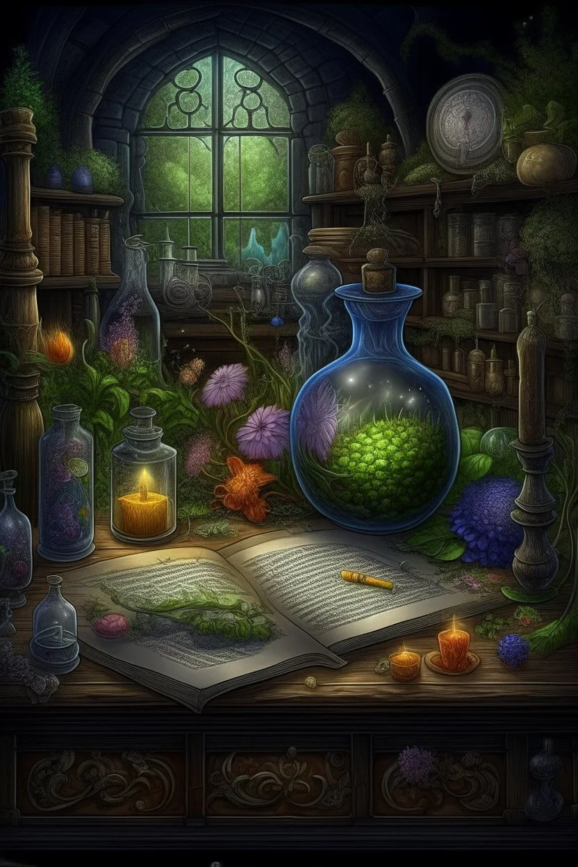 An illustration to an ancient reference book of the dwelling of fairy-tale characters, graphics, text with symbols, an alchemist's laboratory. realistic, scientific, detailed, patterns, cobwebs, decoupage of garden flowers,fabulous,hyperrealism,microdetalization,surreal,drawing,clear outline,color illustration,aesthetics,mystical landscape,dark botanical,dark fantasy,multicolor,detailed,threads,fibers,ambient clarity,volumetric,hyperdetalization,