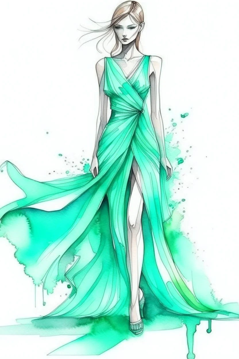 Watercolor fashion mint futuristic dress sketch