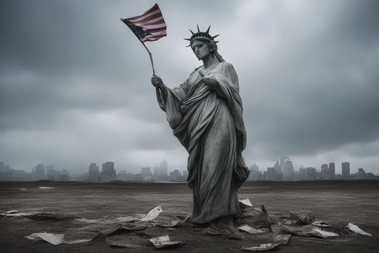 the statue of liberty, dress dirty and torn, her face solemn and terse, trash littered at her feet, she holds a crumpled american flag, she walks away with back turned under a dark and dreary sky, wide angle
