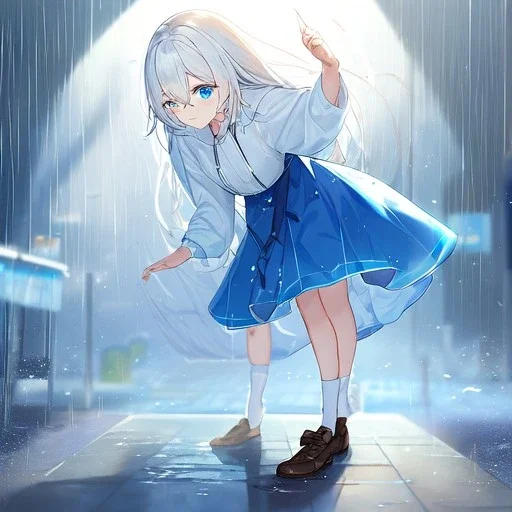 Clear focus, High resolution, white long fluffy hair, hair between eyes, blue eyes, wearing a yellow jacket, wearing a white shirt, wearing a blue skirt with a white line near the bottom, wearing black long socks and brown shoes, raining