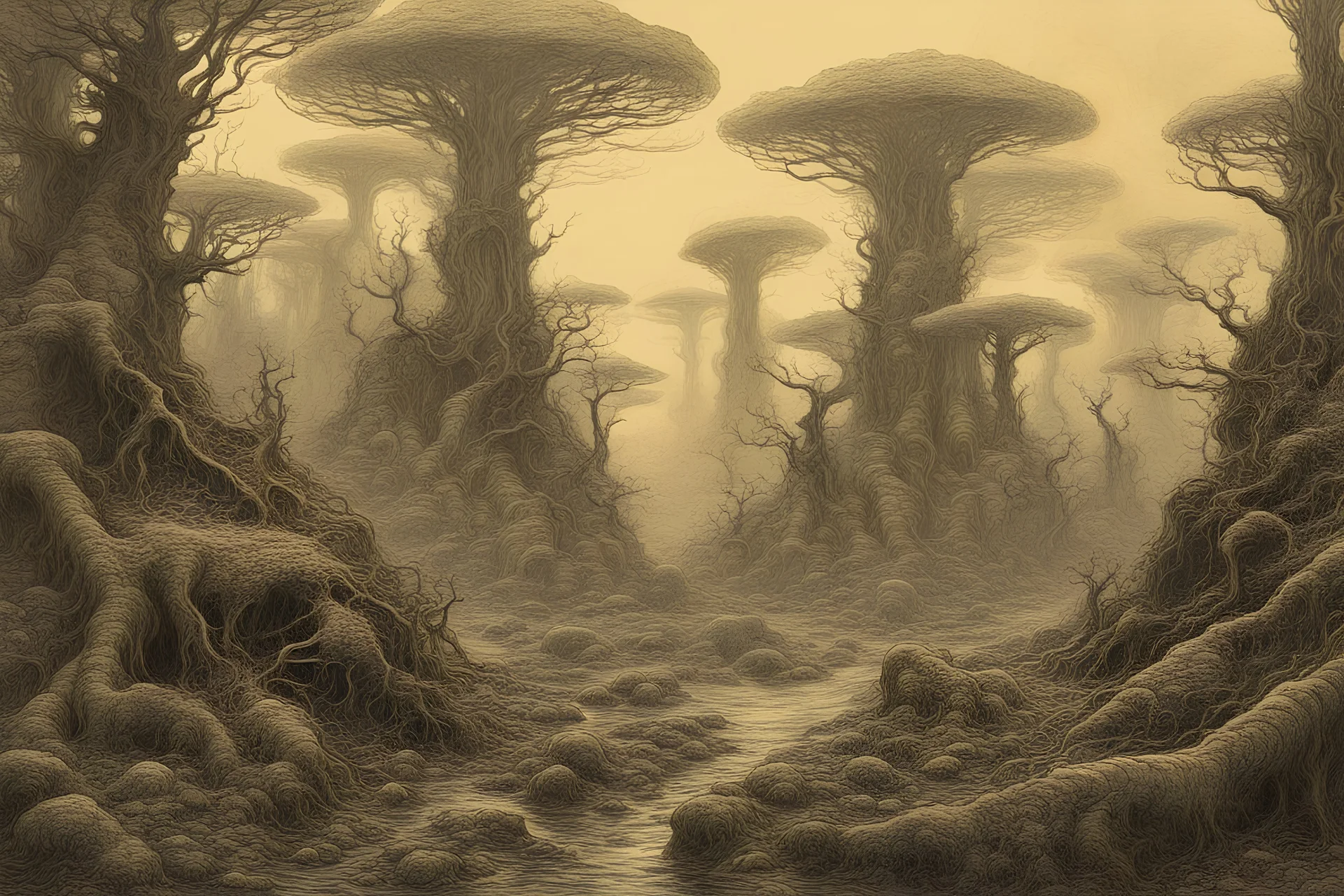 a surreal landscape full of eerie mandelbulb-slime-mold-lichen trees. lovecraftian concept art in the style of Alan lee beksinski giger