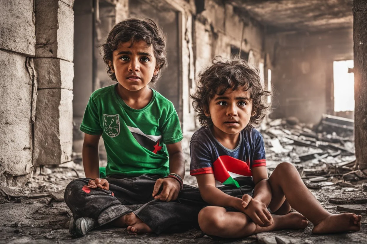 A crying Palestinian child in a broken building, Palestine flag, neon effect , close picture, highly detailed, high details, detailed portrait, masterpiece,ultra detailed, ultra quality