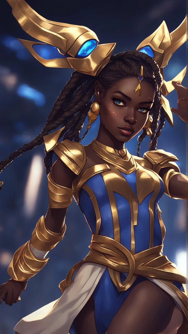 sci-fi, arcane animation series style, league of legends, Solo, 1girl, attractive female with freckles, african, dark skin, golden eyes, dark hair, hundreds of thin braids, earrings, makeup, (detailed skin texture), white and indigo-blue suit