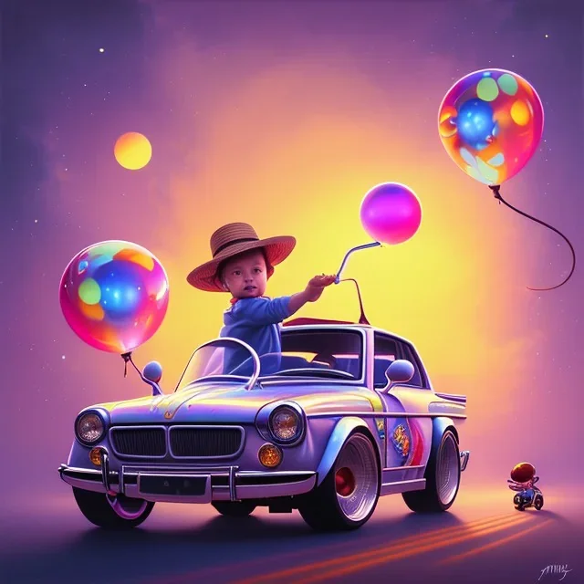 A one-year-old boy rides in the plastic funny toy-car on the middle of a busy street in new york. He has and a large-brimmed straw hat. somehow photographic bright colors and sunset, fantasy art, Anna Dittmann, digital painting, dan mumford, oil on canvas, jeff koons, akihito yoshida, wlop, kodachrome,