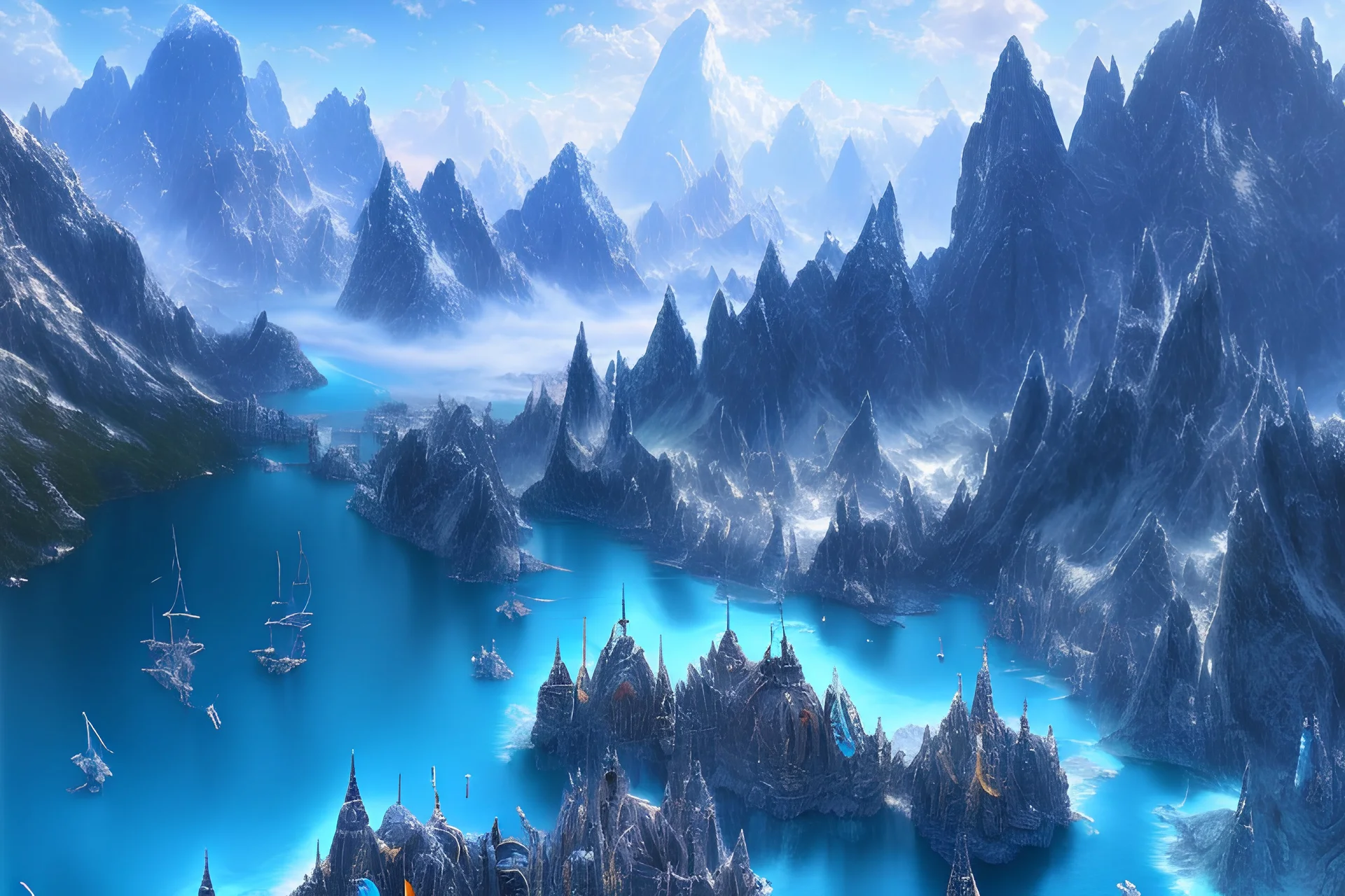 A crystal blue lake centered around mountains, high resolution, realistic, beautiful, volumetric lighting, colorful, masterpiece, crystalline, strong blue color, detailed, aerial view, 8K, intricate details, cyberpunk, cosmic