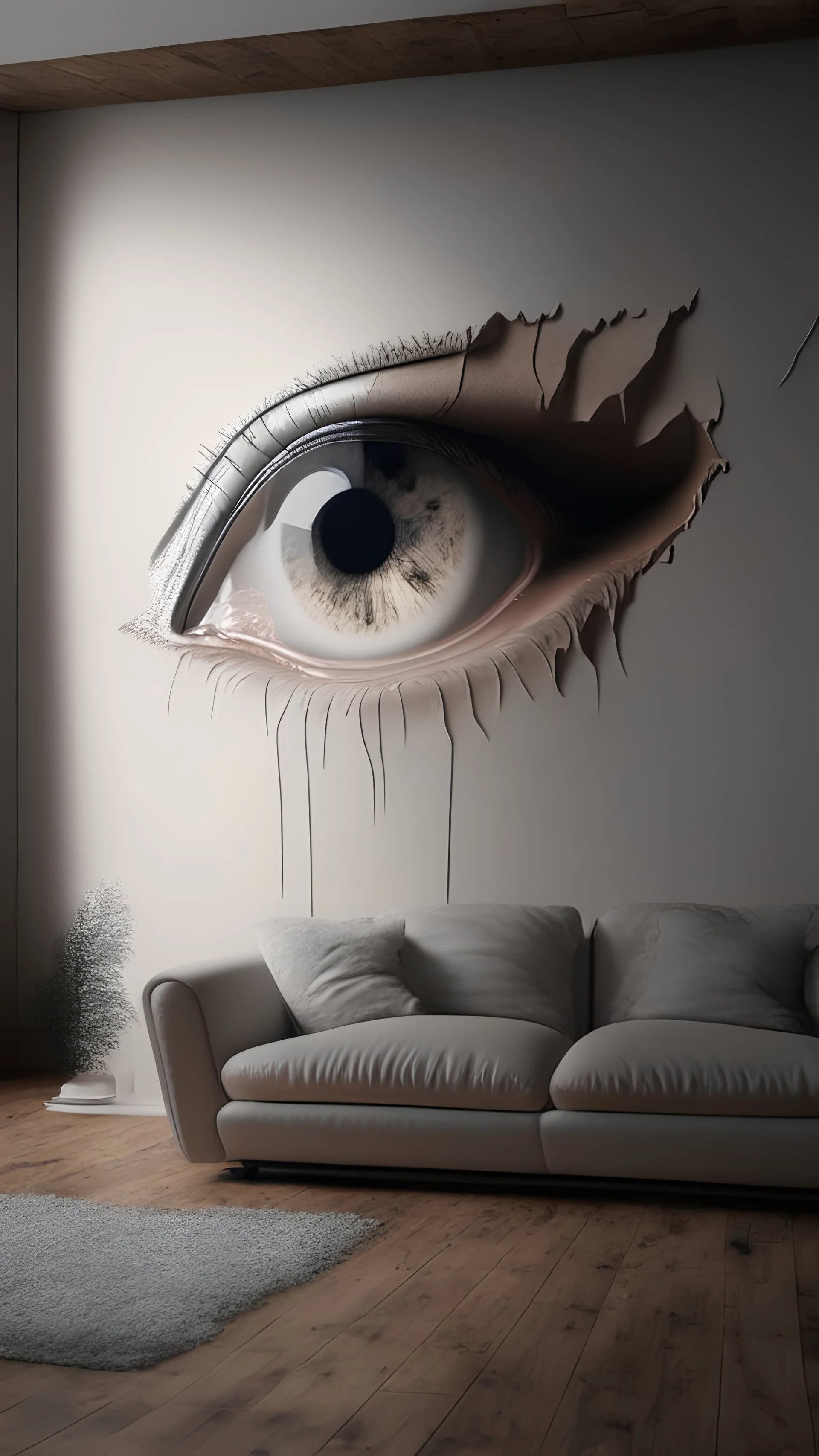 photoreal huge eye in a living room wall with tear running down the wall, octane render, 8k, high detail