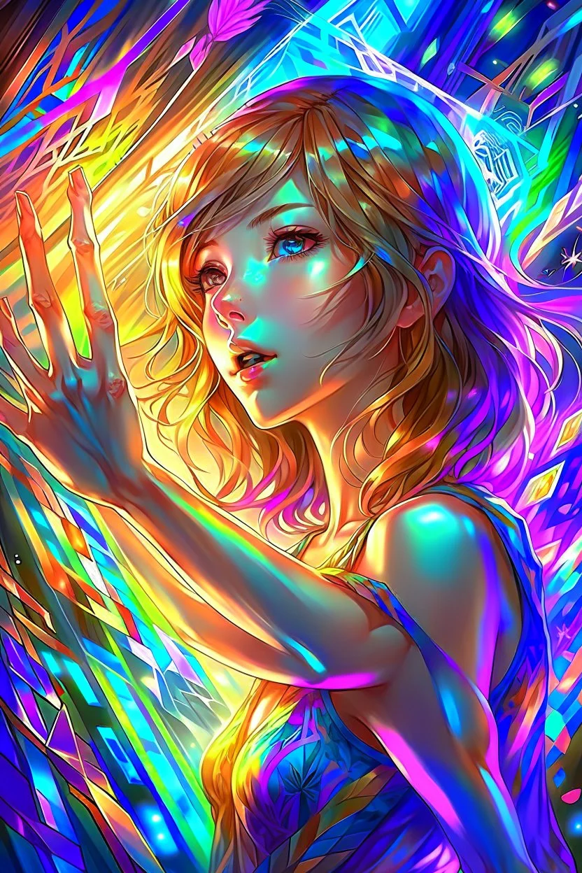 (masterpiece, best quality, highres:1.2), (intricate and beautiful:1.2), (detailed light:1.2), (colorful, dynamic angle),female,anime,a portrait in hologram form, she's making a frame shape with her hands, cute, seductive, dynamic pose, soft light passing through hair, (abstract background:1.3), (cinematic)