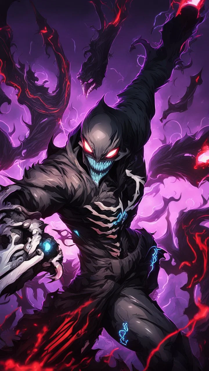 Mix between venom symbiote and Reaper in solo leveling shadow style with neon glowing blue