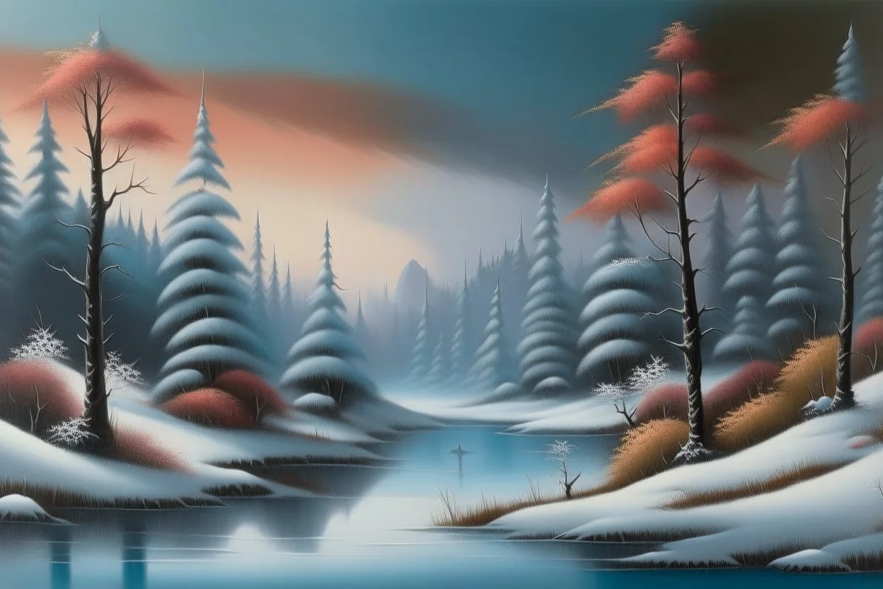 Tokyo Japan in the style of; Arctic Winter Day, by Bob Ross. Courtesy of the Franklin Park Arts Center and Bob Ross Inc. BOB ROSS