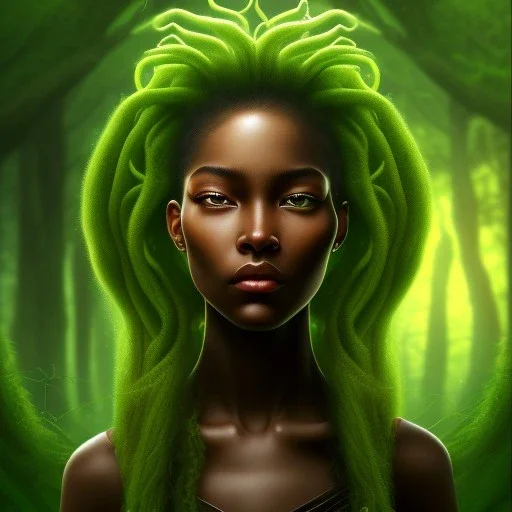 Painting .the face of A young black woman. A wood nymph emerging from the forest. Her hair looks like vines. Dreadlocs. Her skin is the colour of dark soil. Her skin looks like tree bark. Her clothing is made of vines, grass and leaves.