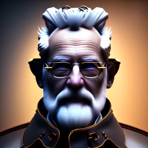 old man, grey hair, rounded face, white skin, leather coat, vibrant color, cyberpunk style, highly detailed, art stations, concept art, smooth, unreal engine 5, god rays, ray tracing, RTX, lumen lighting, ultra detail, volumetric lighting, 3d, finely drawn, high definition, high resolution, gradient background