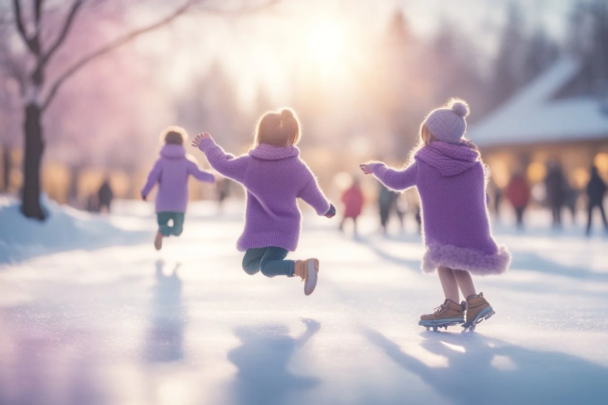 pencil drawing, pastel colours, in the foreground we see a purple knitted scarf falling on the ice, in the background cute cjibi children are skating happily in sunshine, ethereal, cinematic postprocessing, bokeh, dof