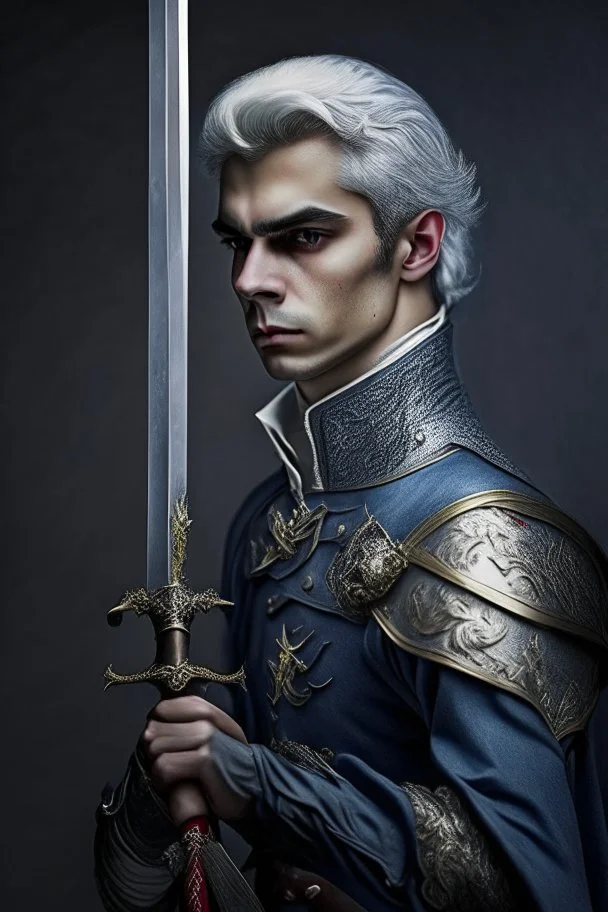 european gray hair young adult royal guard swordsman with rapier