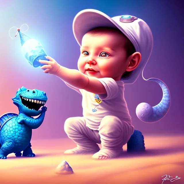 1yo little szymon is on safari onthe moon. petting a blue dinosaur. he has big binoculars and a funny hat. High detailed. Cinematic. Digital painting. Warm lights.