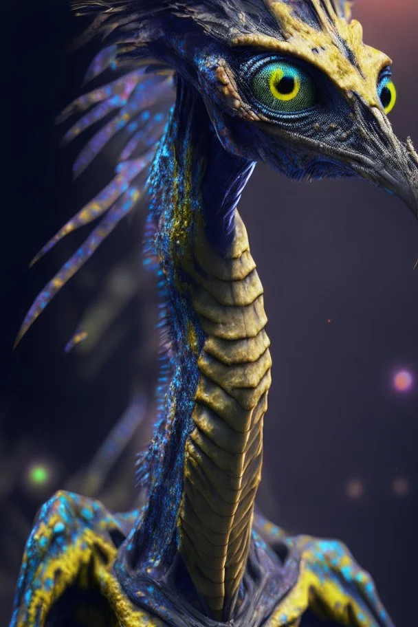 Bird giraffe lizard humanoid alien fused ,realistic, intriacte detail, sci-fi fantasy style, volumetric lighting, particales,highly detailed,cinamatic, deep colours