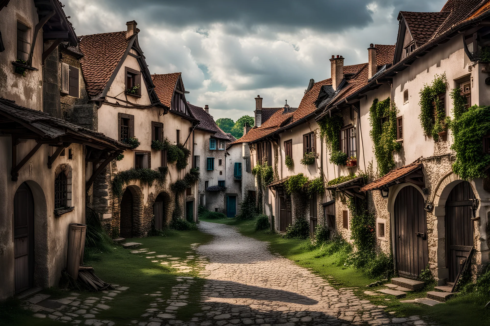 A small dilapidated European village in the renaissance age with an oppressive atmosphere. DSLR camera Sony Alpha 7 50mm 1.8,medium shot,high-resolution image with fine details