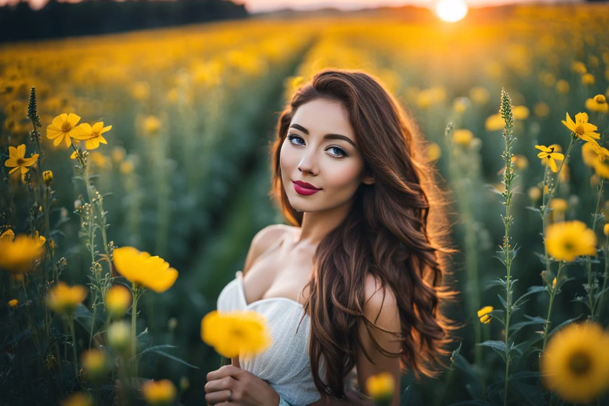 Young woman in flower field in the evening