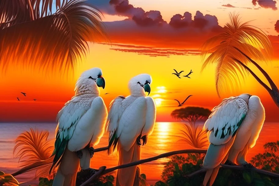 cockatoos, tropical paradise island, sunset