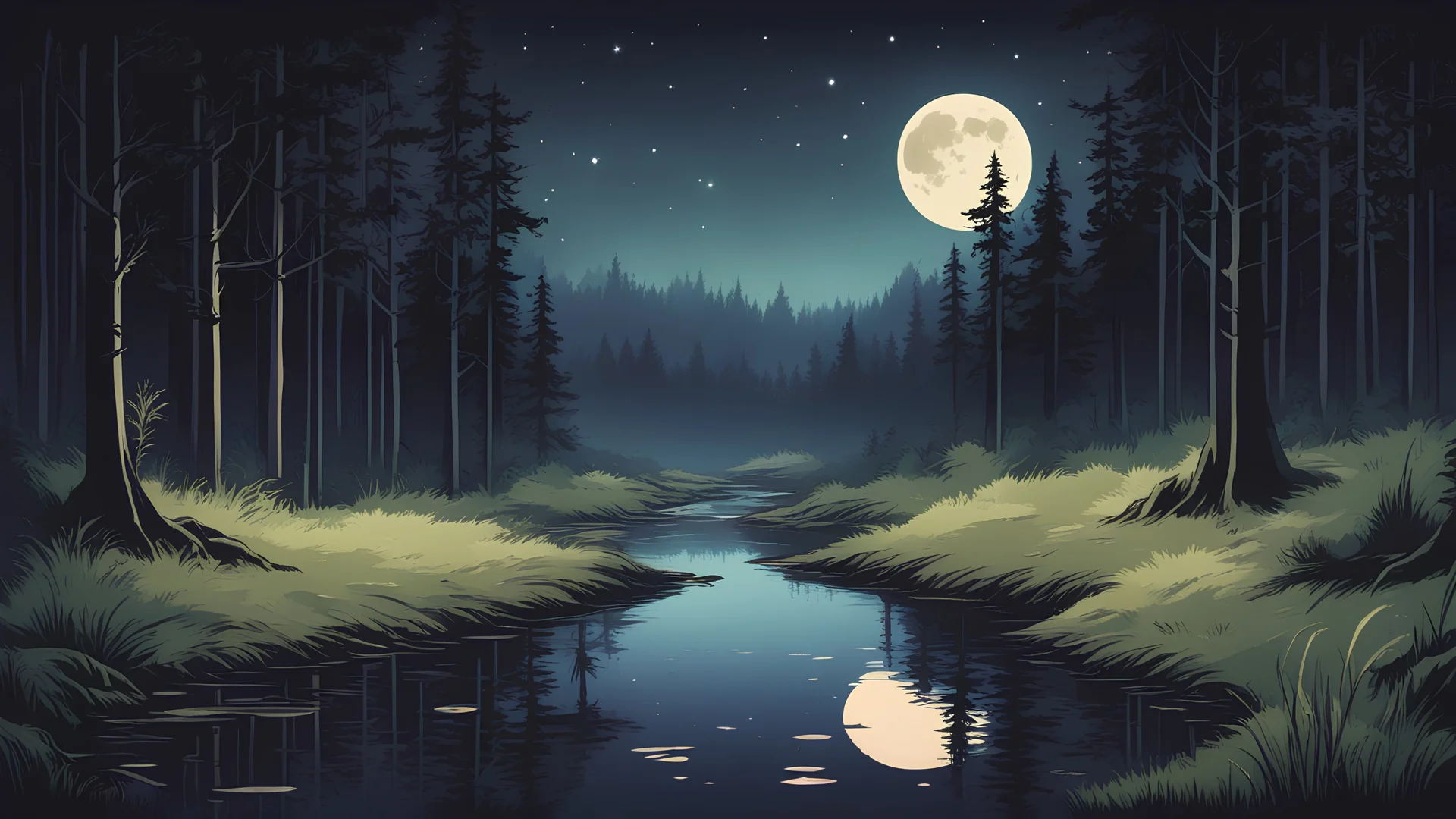 a 16 bit color, beautiful, serene forest scenery, trees, moon, stream, grass, reflection, evening time, darkish night