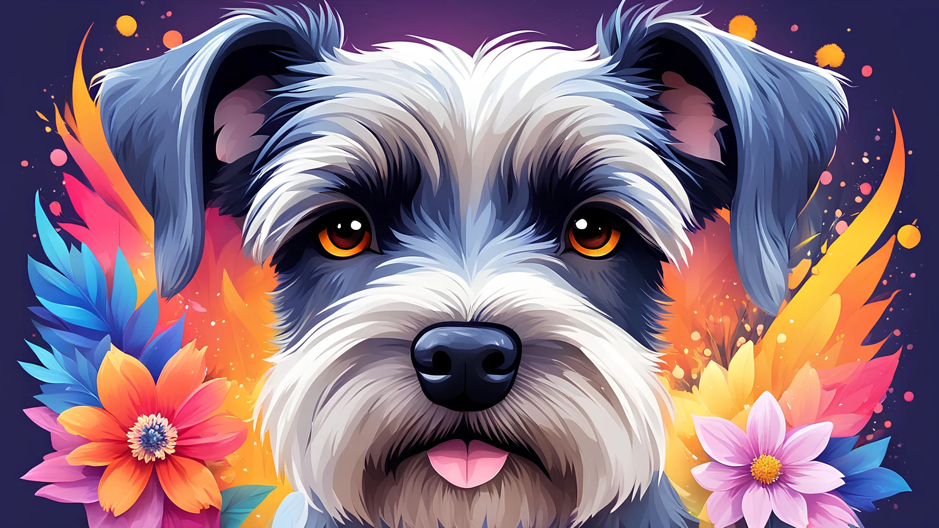 A detailed illustration face (schnauzer dog), fire, t-shirt design, flowers splash, t-shirt design, in the style of Studio Ghibli, pastel tetradic colors, 3D vector art, cute and quirky, fantasy art, watercolor effect, bokeh, Adobe Illustrator, hand-drawn, digital painting, low-poly, soft lighting, bird's-eye view, isometric style, retro aesthetic, focused on the character, 4K resolution, photorealistic rendering, using Cinema 4D