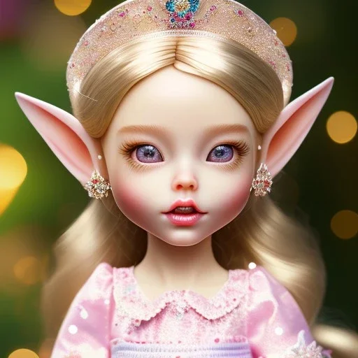 close up on elf as dollie deluxe, bright eyes, post card, toy train, front teeth, skin imperfection, princess tiara, cup of tea