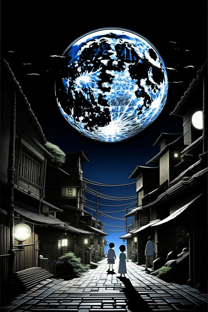 THE MOON HIDDEN SHADOWY FIGURES LABIRINTHINE STREETS STYLE OF HIROKU OGAI