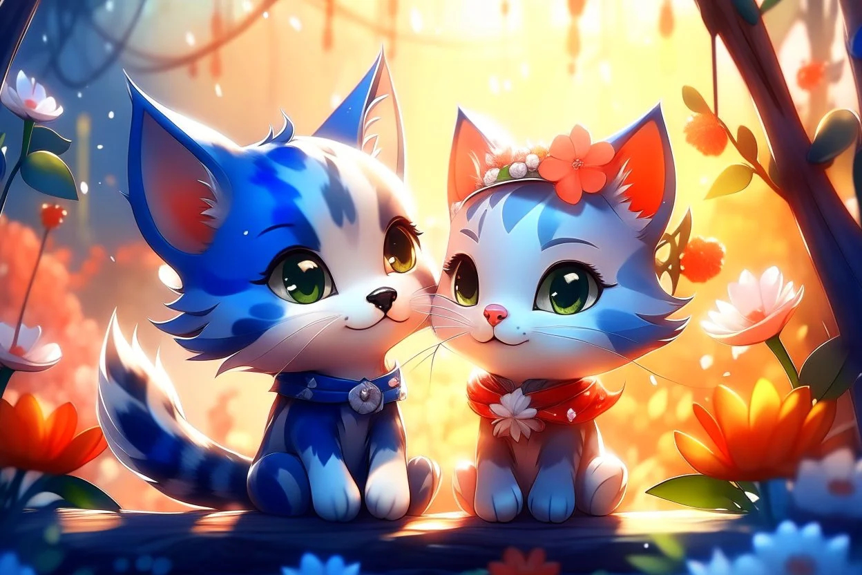 Cute chibi anime cat couple in love, flowers in sunshine, heart and love, watercolor and black ink outlines, ethereal, cinematic postprocessing, bokeh, dof Weight:1 detailed matte painting, deep color, fantastical, intricate detail, splash screen, complementary colors, fantasy concept art, 8k resolution trending on Artstation Unreal Engine 5 Weight:0.9