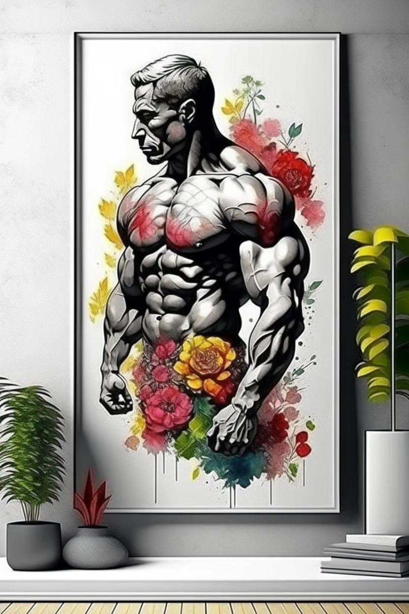 man wall art floral bodybuilder profile