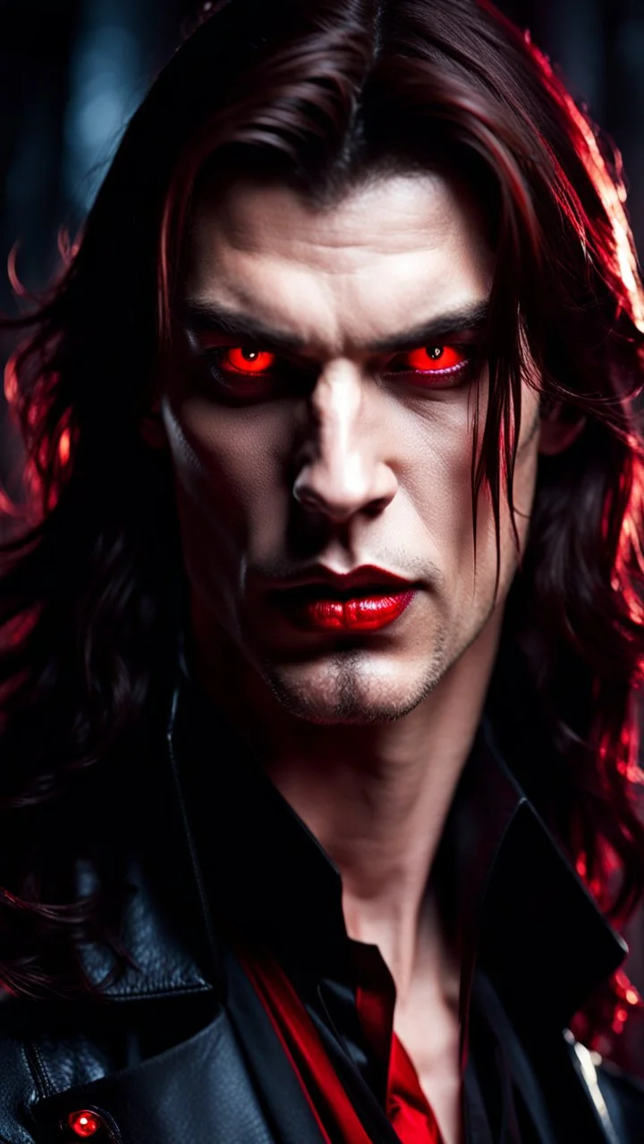 handsome evil male vampire with long brown hair and red eyes
