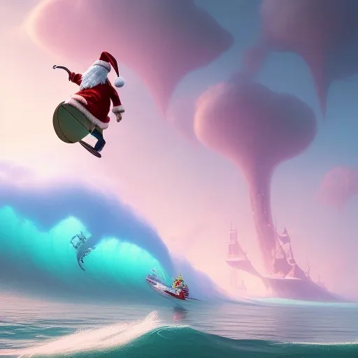 Santa surfing a big wave, surfboard, beach, character design by cory loftis, fenghua zhong, ryohei hase, ismail inceoglu and ruan jia. unreal engine 5, artistic lighting, highly detailed, photorealistic, fantasy