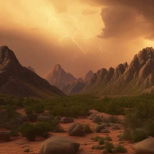 desert, storming, lightning, rainy, mountains, landscape, hyperrealisme, sharp focus