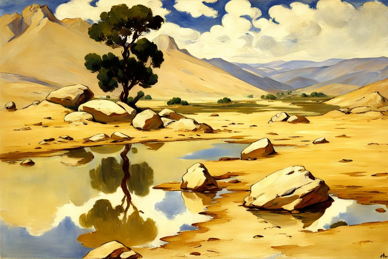 Arid land, clouds, mountains, rocks, puddle, vegetation, edouard manet impressionism painting