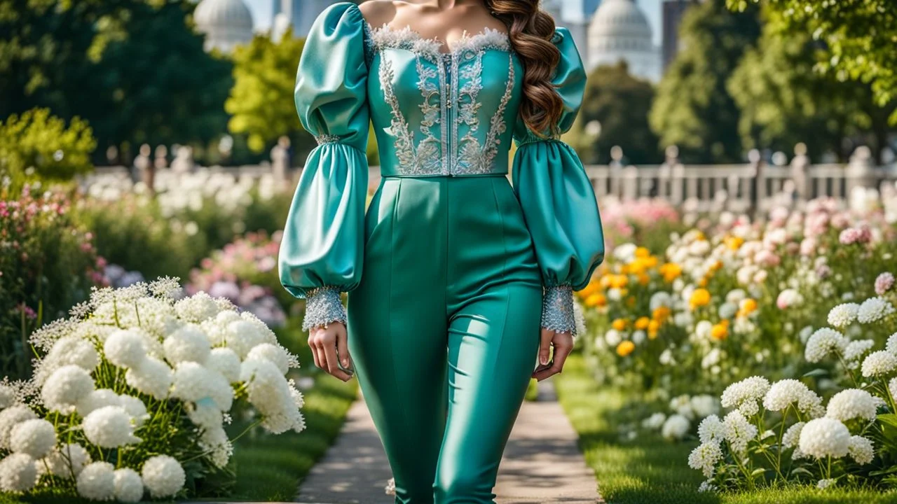 fullbody shot of girl makeup wearing a dark green-silver victorian top and pants walking in moder city of 2040 park ,flowers ,pretty clouds in blue sky,city escape.