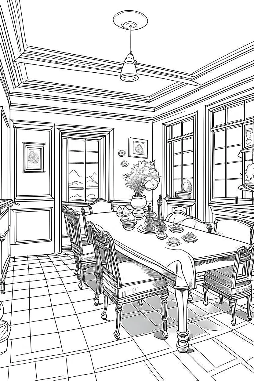 Outline art, house interior design, dining room, no shading, no lines, cartoon style, --ar 9:11