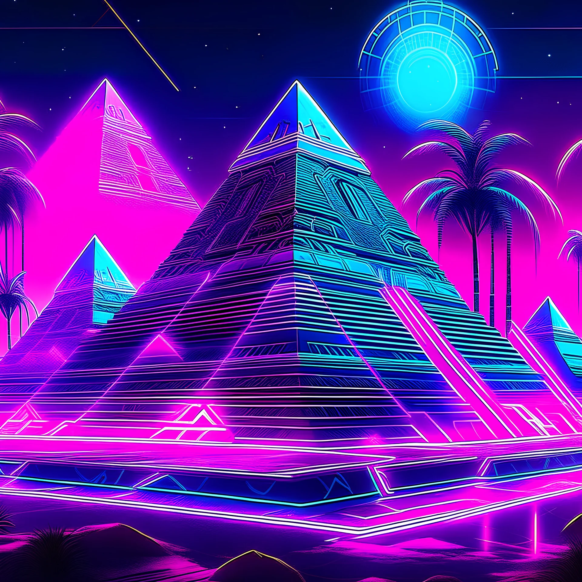 oracle sphinx , vaporwave pictures style, with neon lights and the pyramids far away