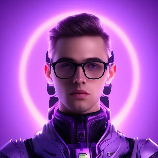 Cute boy face eyeglasses , Sci-fi character, purple backlight, pink and purple, scifi suit, profile, purple background, pink lighting