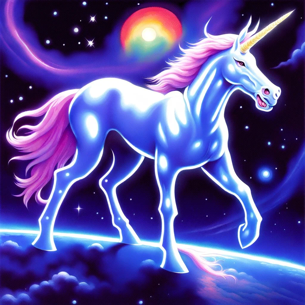 90's TCG art retro fantasy art of epic Space unicorn