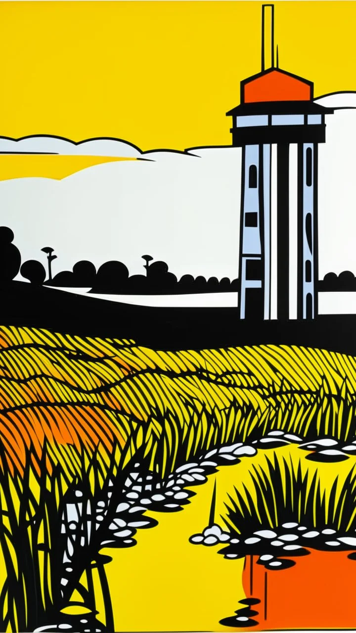 An orange colored marshland near an iron fortress painted by Roy Lichtenstein
