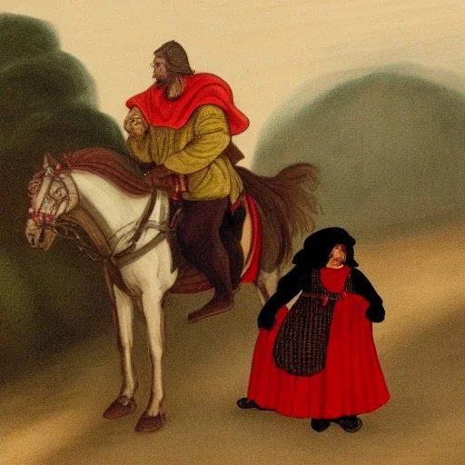 a man dressed in red on a black horse meets a dwarf on the road, medieval style