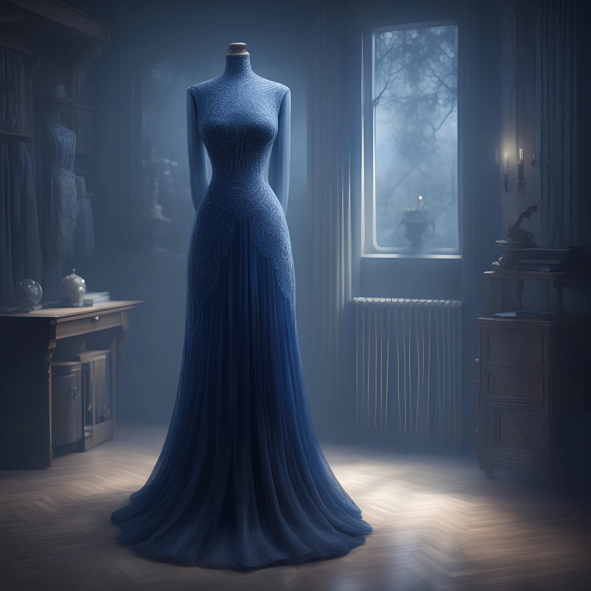 A tailor's dummy with a tight-fitting Midnight Blue long dress. Illustrative art, art interpretation, concept art, cgsociety contest winner, seasonal art, seasonal art HD, 4k, 8k, intricate, detailed, intricately detailed, glowing, translucent fantasy crystal, holographic data, soft body, shadow play, light, fog, atmospheric, cinematic, Light film, hyper-detailed, hyper-realistic, masterpiece, atmospheric, high resolution, 8k, HDR, 500px, mysterious and ornate digital art, photic, intricate, fan