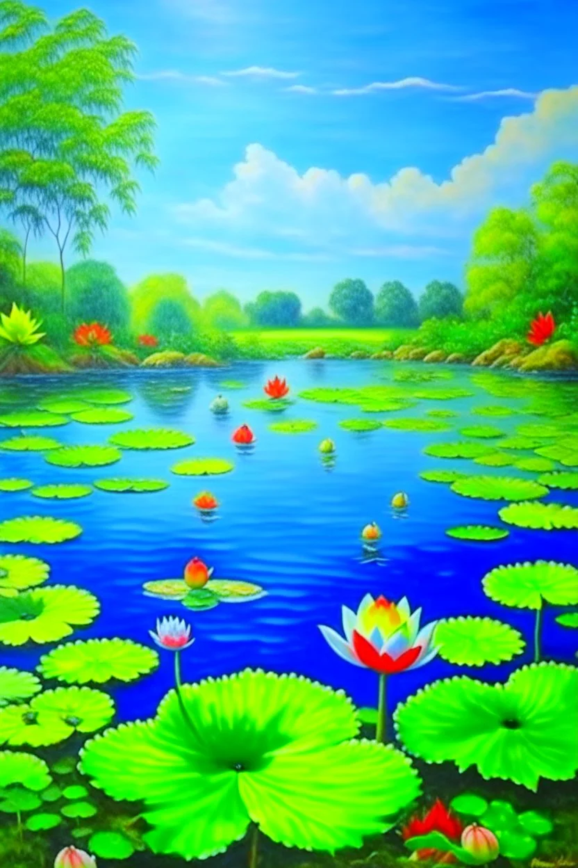 impressionism nature peace communication compassion tranquility water lillies birds blue sky