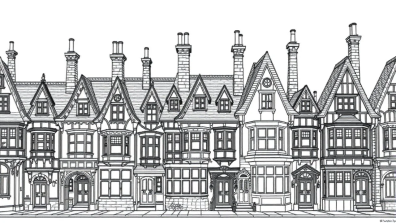 A highly detailed front elevation line drawing of a row of crooked fantasy houses, with twisted tall chimneys, rooms and floors added to sides and roofs, like Harry Potter's Diagon Alley.