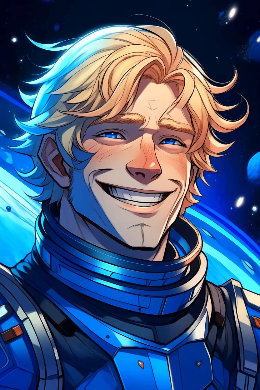 Galactic strong smiling man knight of sky deep blue eyed blondhaired vessel