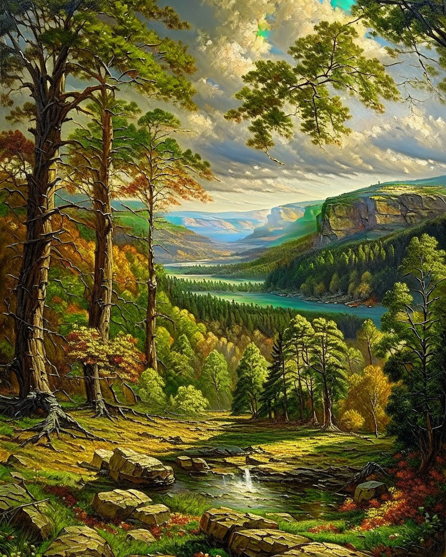 Prompt: Style: A monumental nineteenth-century American Romantic landscape painting inspired by the grand panoramic tradition of the Hudson River School. Luminous realism, masterful atmospheric perspective, refined glazing techniques, dramatic natural light, meticulous botanical detail, majestic wilderness, subtle oil textures, museum-quality fine art, celebrating the sublime beauty of untouched nature. Subject: The colossal giant sequoias of Sequoia National Park dominate the landscape, their
